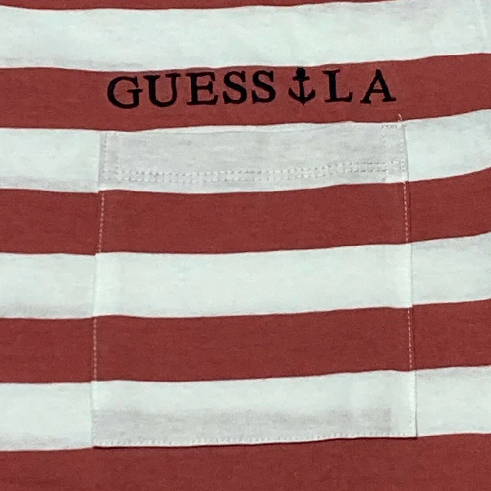 Guess Los Angeles Men's Nautical Stripe Pocket T-Shirt Sweet Rose Size Large - Picture 3 of 8